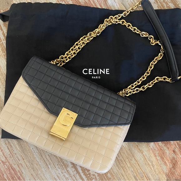 Celine medium black and beige C chain quilted shoulder bag - Picture 1 of 17